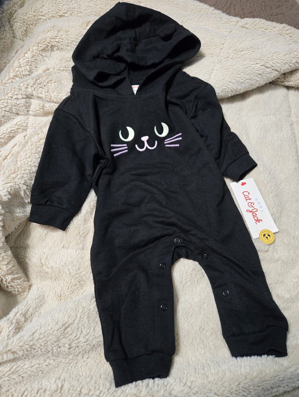 Cat & Jack Baby Black Cat Hooded Jumpsuit with Ears cat costume newborn 0-3M NWT